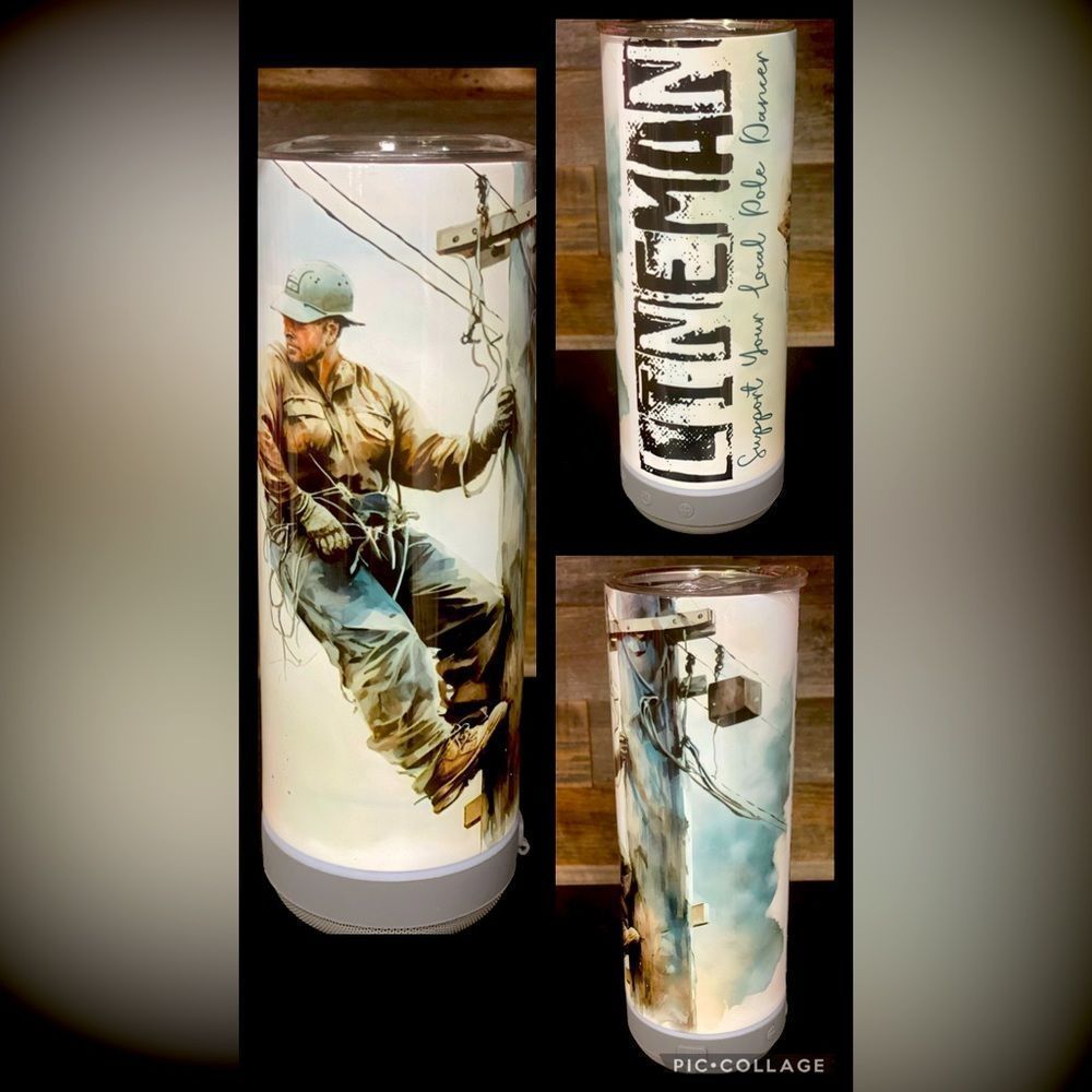 Linemen Support your local pole Dancer with a gray Bluetooth speaker tumbler.